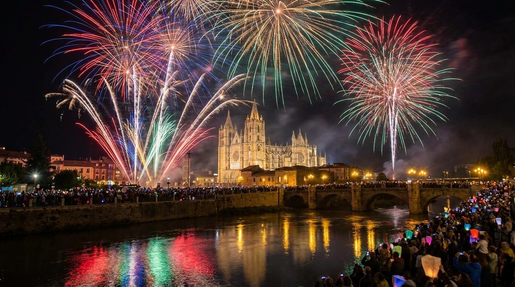 Fuegos artificiales sobre la ciudad de León durante las fiestas de San Pedro